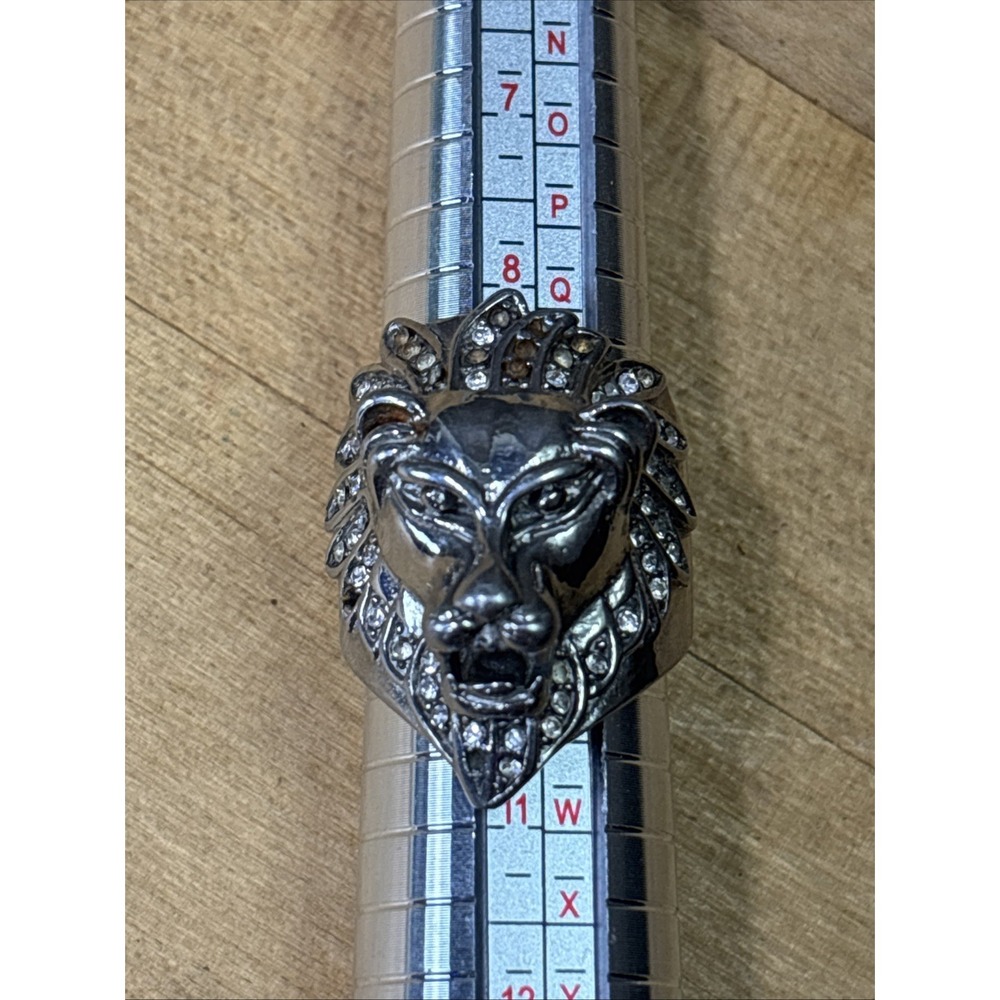 Silver Tone Lion Head Statement Ring Leo Zodiac Rhinestone Fashion Size 9.5